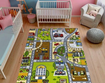 City Streets Play Rug, Car Track Road Map, Washable Kids Carpet
