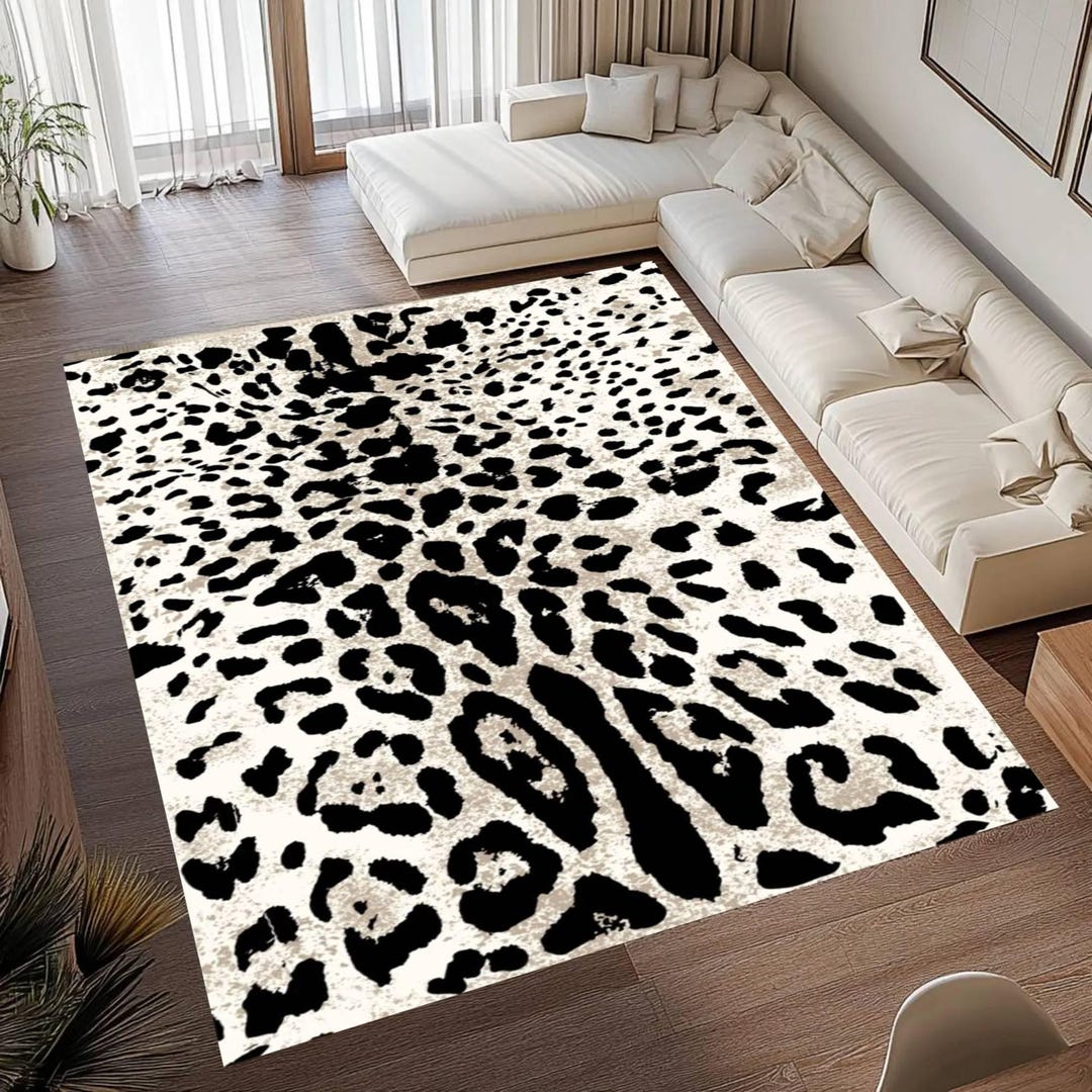 Cow Print Rug Rectangular Black White Cow Print Area Rug, Washable Non Slip Carpet, Modern ...
