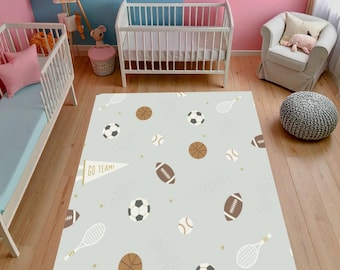 Tappeto con palline sportive, tappeto neutro per sala giochi con calcio, basket, baseball, tappeto lavabile per cameretta dei bambini, decorazione per la camera dei bambini