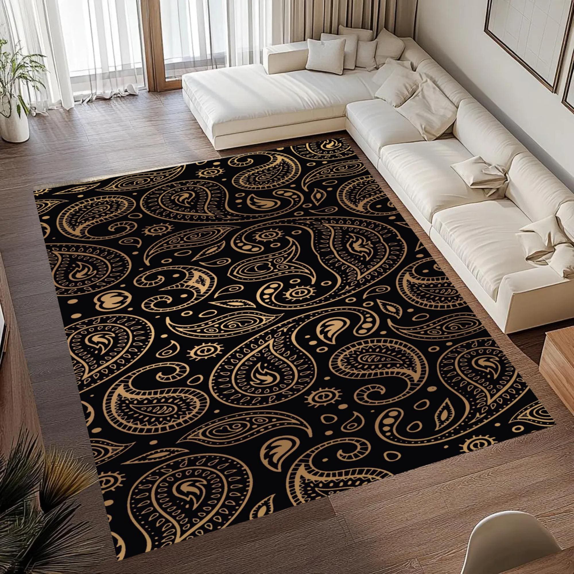 Classic Paisley Area Rug, Black Gold Oriental Boho Home Decor Carpet