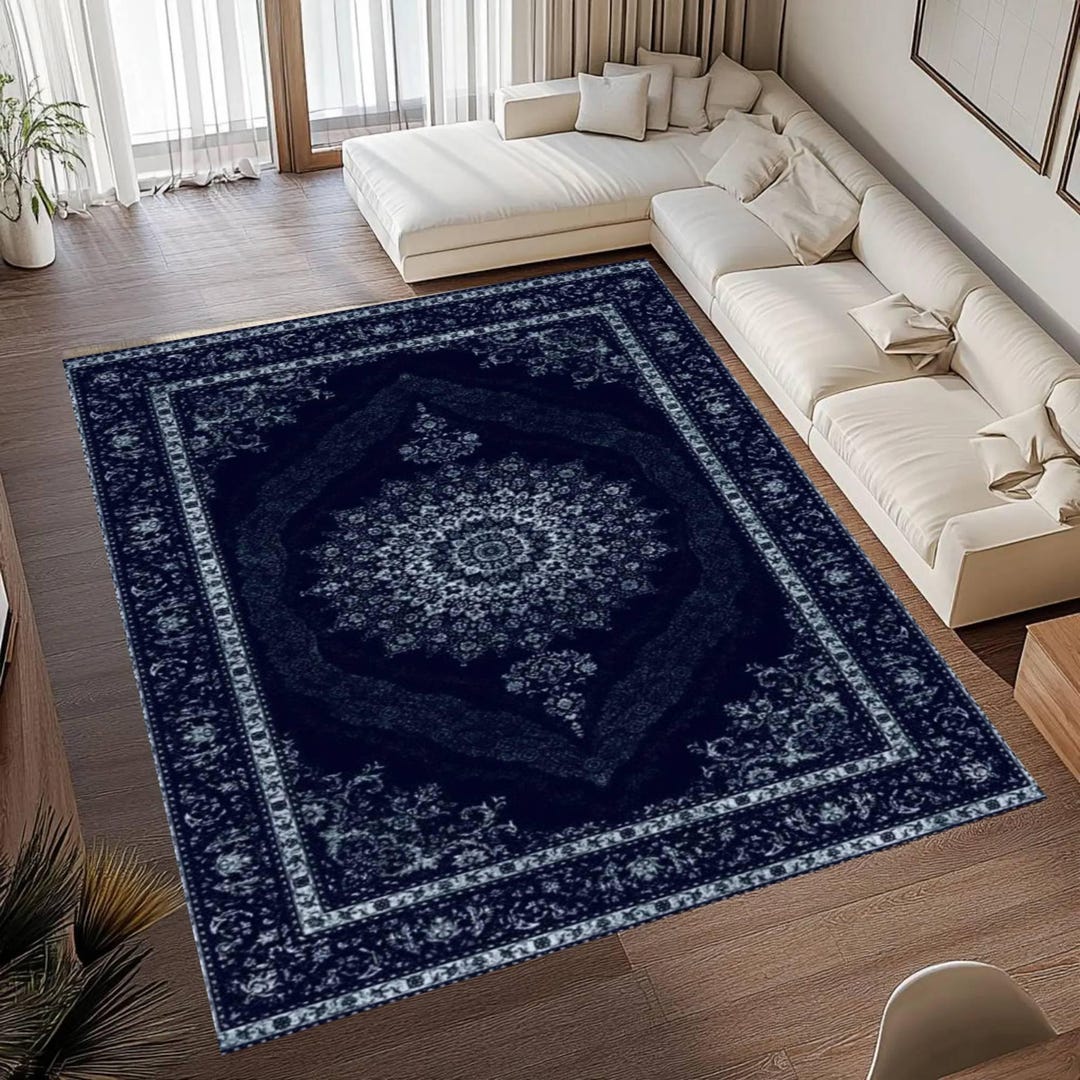 Deep Navy Medallion Area Rug, Washable Floral Border Floor Rug - Etsy