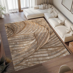 May include: A rectangular area rug featuring a three-dimensional optical illusion pattern of curved, layered wooden slats in shades of tan, beige, and brown. The design creates a sense of depth with flowing, wave-like lines across the surface.