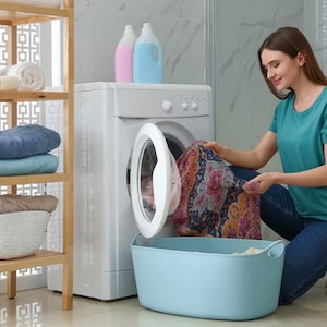 Puede incluir: Una mujer lavando ropa en un ba&ntilde;o moderno. Una cesta de lavander&iacute;a azul claro est&aacute; en el suelo. Una estanter&iacute;a de madera contiene toallas y cestas. Una lavadora est&aacute; en el fondo.