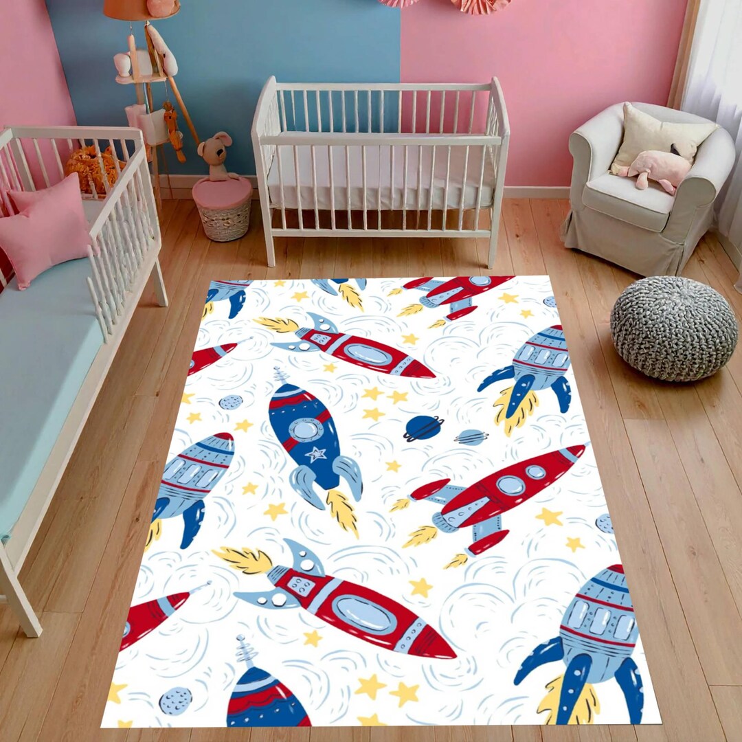 Rocket Space Kids Rug, Colorful Cartoon Rockets and Stars Carpet ...