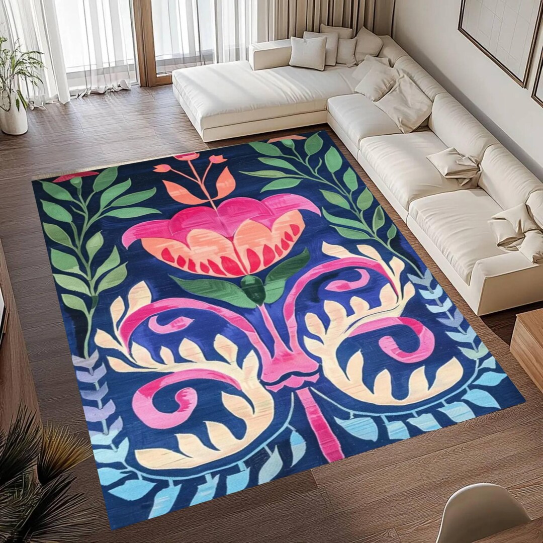 Abstract Face Floral Rug, Bold Navy Pink Botanical Carpet, Modern ...
