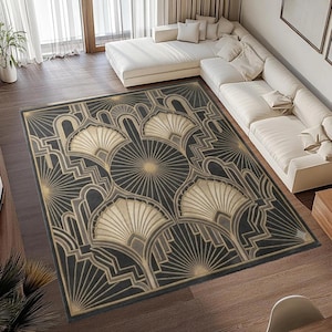 Geometrisch vloerkleed in art deco-stijl, grijsgoud, geschikt voor de woonkamer, wasbaar en antislip.