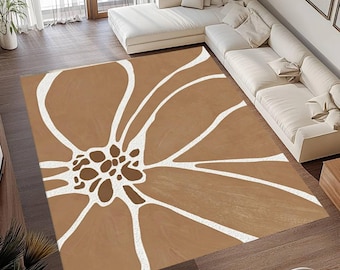 Brown and Cream, Modern Botanical Carpet for Living Room and Bedroom