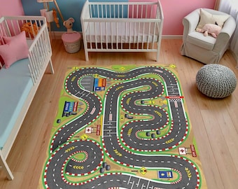 子供用レーストラックラグ、プレイルーム用カーマット、滑り止めフロアデコレーション