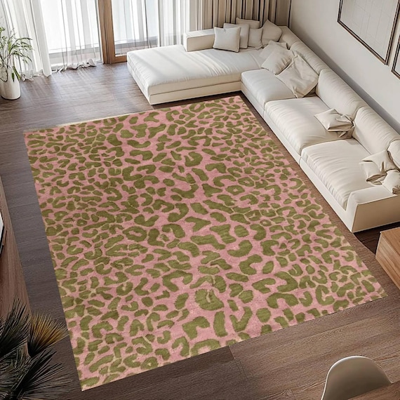 Rosa Grüner Teppich mit Leopardenmuster, Waschbarer rutschfester Boho Teppich