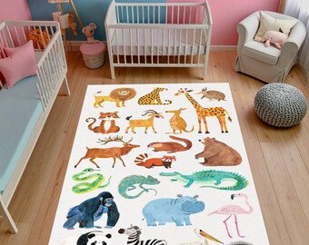 アニマルワールドキッズラグ、カラフルな野生動物のイラスト、プレイルームや子供部屋の装飾