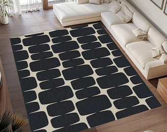 Black Beige Washable Area Rug with Geometric Pattern for Living Room and Bedroom