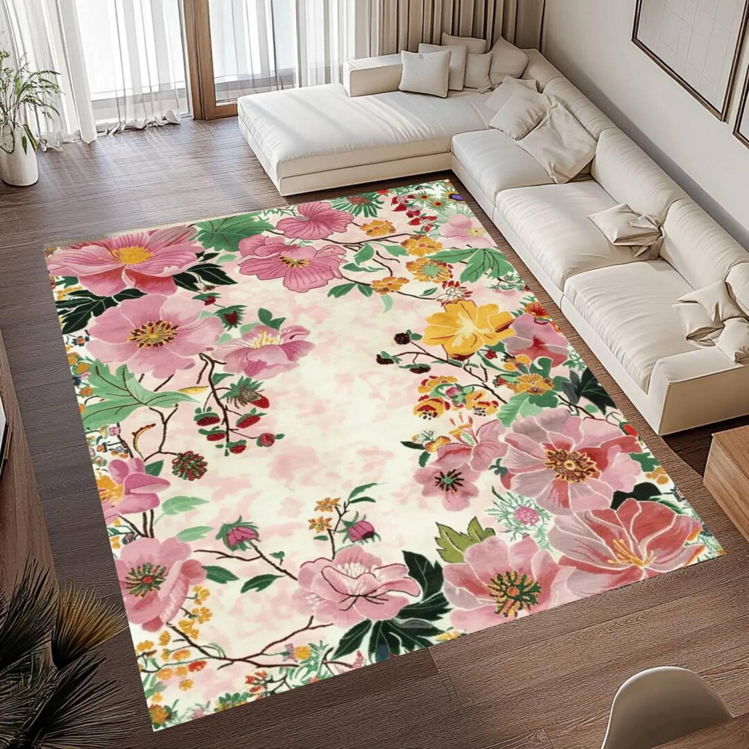 Blush Pink Floral Berry Rug: Pastel Garden Strawberry Carpet, Romantic ...