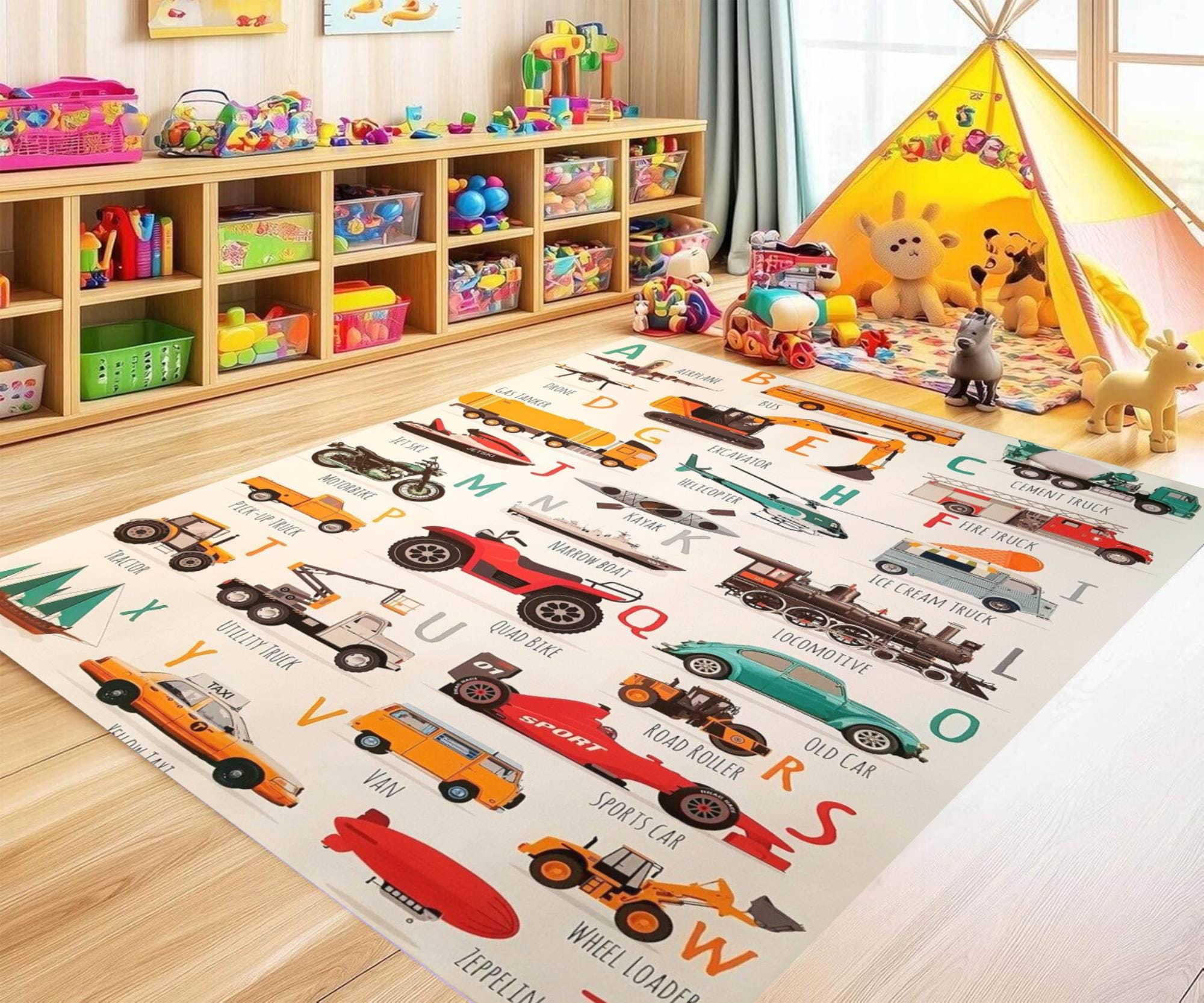 Transportation Rug Alphabet Transportation Kids Rug, Washable ABC Play Mat, Educational ...