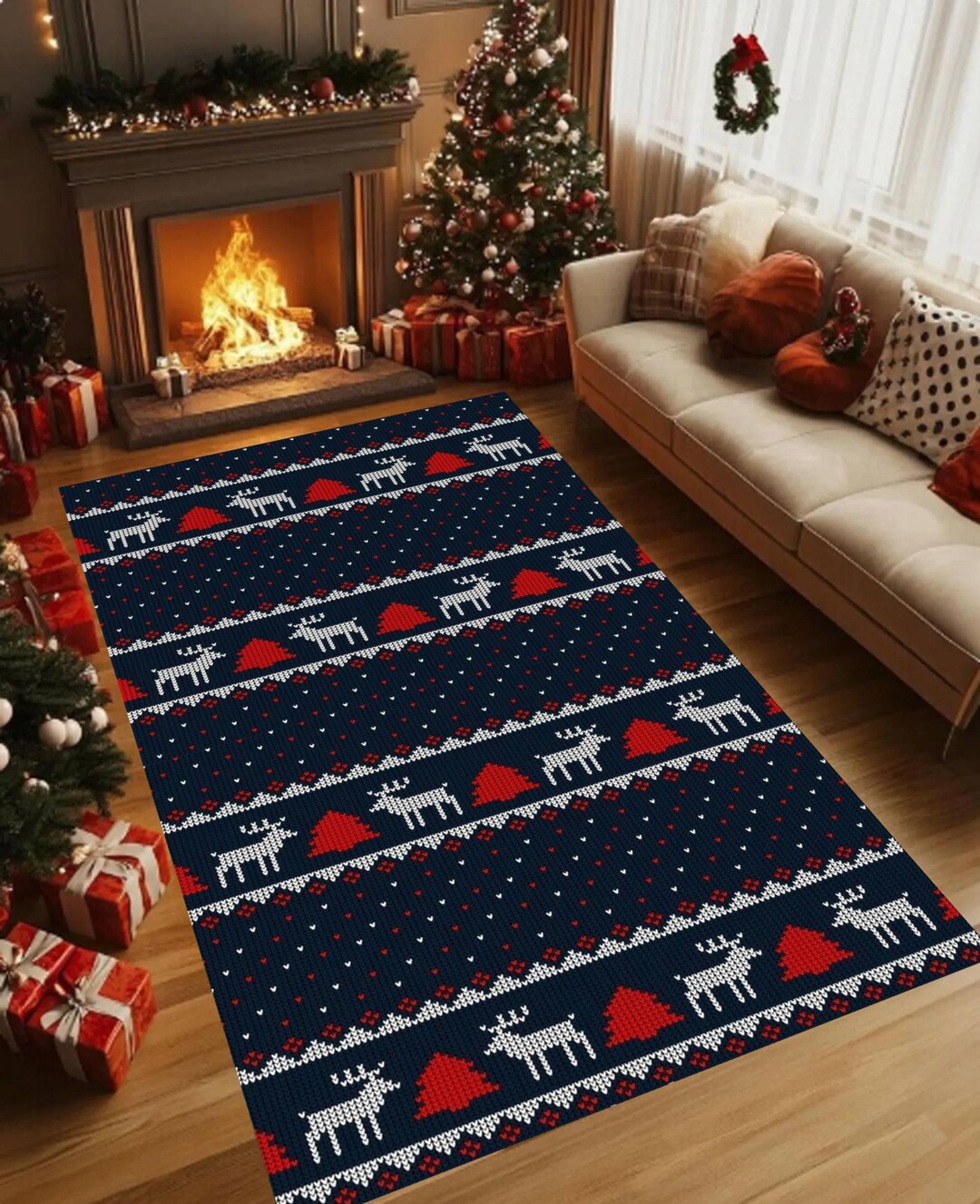 Navy Red Christmas Reindeer Rug, Festive Knit Pattern Carpet, Washable ...