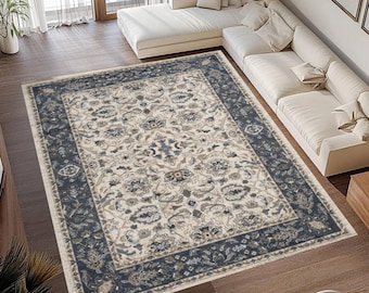 Tappeto floreale, stile orientale blu-beige, tappeto lavabile per soggiorno