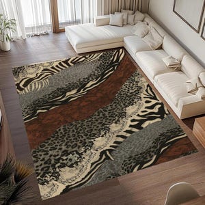 Patchwork Animal Print Area Rug, Brown Grey Leopard Zebra Safari Carpet