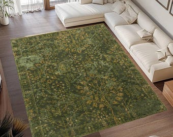 Groen botanisch vloerkleed, vintage bloementapijt, antislip, wasbaar vloerdecor