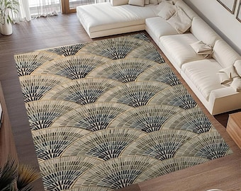 Art Deco Fan Pattern Rug, Washable Living Room Carpet