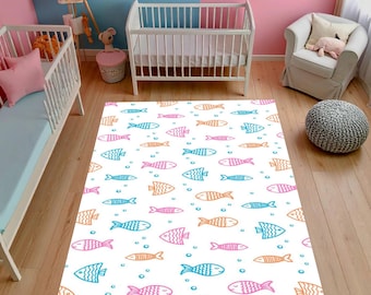 Colorful Fish Pattern Kids Rug, Soft Nursery Playroom Carpet