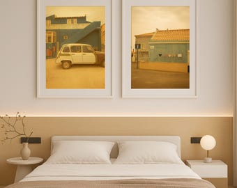 Portugal Wall Art Set, Coastal Village Photography Prints, Blue House and Vintage Car Decor