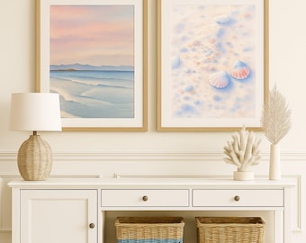 Beach House Wall Art Set of 2, Coastal Ocean Print, Seashell Printable Decor