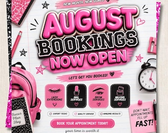 August Books Open, August Booking Flyer, Books Now Open, Summer Beauty Flyer DIY Template Canva, Editable