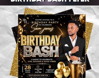 Birthday Bash Invitation Canva Template | Black Gold Men's Birthday Party Invite | Editable Digital Invitation | Instant Download