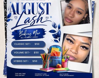 August Lash Booking Flyer Canva Template | Classic Volume Hybrid Lash Price List | Back to School Lash Tech Promo | Editable Post