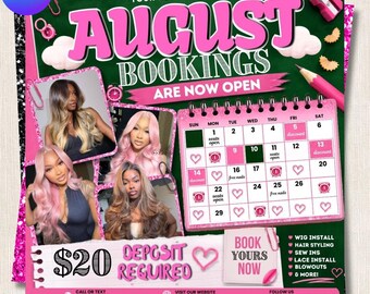 August Bookings Now Open Hair Flyer Canva Template | Wig Install Sew In Lace Blowout Calendar Price List | Hair Stylist Editable Post