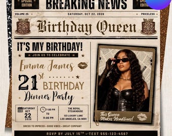Newspaper Birthday Invitation Canva Template | Birthday Queen Breaking News Dinner Party Invite | Editable Woman 21st 30th 40th Flyer