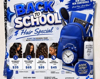 Back to School Silk Press Blowout Flyer Canva Template | August Hair Salon Price List Booking Post | Natural Hair Stylist Editable