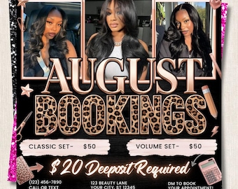 August Bookings Hair Flyer Canva Template | Leopard Rose Gold Wig Install Price List | Hair Stylist Open Books Promo | Editable Post