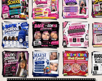 Back to School August Beauty Flyer Bundle Canva | 16 Hair Wig Braids Lash Nail Booking Designs | Salon Open Books Editable Post