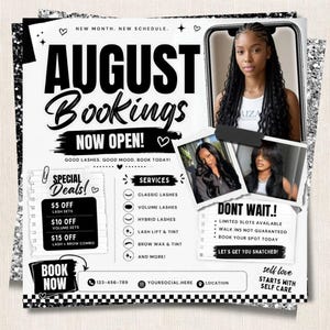 August Lash Brow Booking Flyer Canva Template | Classic Volume Hybrid Lash Lift Brow Wax Price List | Lash Tech Open Books Editable