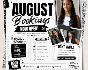 August Lash Brow Booking Flyer Canva Template | Classic Volume Hybrid Lash Lift Brow Wax Price List | Lash Tech Open Books Editable