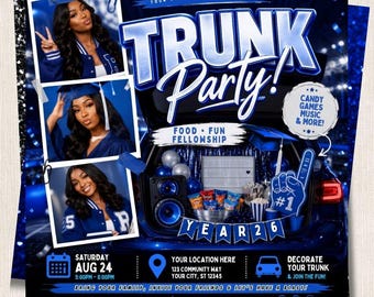 Trunk Party Flyer Canva Template | Graduation Back to School Community Event Invite | Blue Silver Fall Party Editable Social Media Post