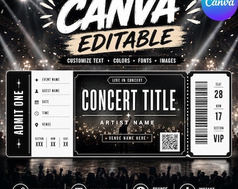 Concert Ticket Template Canva | Live Music Event Admit One VIP Ticket Design | Artist Agency Editable Printable Concert Ticket Post