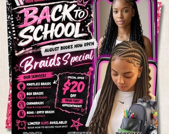 Back to School Braids Booking Flyer Canva Template | August Knotless Box Braids Special Offer | Braider Open Books Editable Post