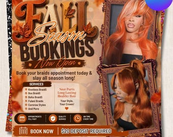 Fall Braids Booking Flyer, Knotless Box Boho Styles, Hair Stylist Canva Template