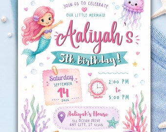 Mermaid Invitation, Mermaid Birthday Invitation, Under the Sea Birthday Invite, Splish Splash Birthday Invite, Mermaid Pool party, Editable