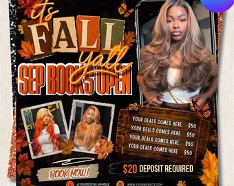 September Booking Flyer Canva Template | Fall Hair Wig Install Open Books Price List | Hair Stylist Fall Season Promo Editable Post
