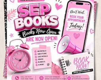 September Booking Flyer Canva Template | Pink Wig Install Sew In Lace Hair Styling Open Books | Hair Stylist Fall Promo Editable Post