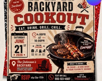 Backyard Cookout Flyer, BBQ Cookout Invitation, Summer Cookout Invite, Summer Grill Template, Family Reunion Grill Post, Digital download