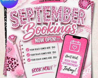 September Booking Flyer Template Beauty Appointment Flyer Hair Nail Lash Salon Books Open Promotion, Instant Download