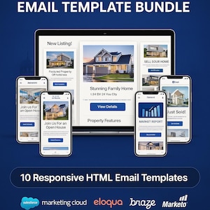 May include: A digital marketing graphic promoting a real estate email template bundle. The image shows a laptop and several smartphones displaying email templates. Text includes "REAL ESTATE EMAIL TEMPLATE BUNDLE" and "10 Responsive HTML Email Templates."