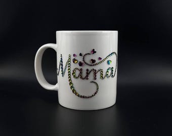 Crystal Rhinestone Mug "Mama", Gift for Mom, Handmade Sparkle Coffee Cup, Ready to Ship