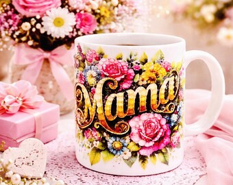 Floral Mama Mug, Heart Coffee Cup for Mom, Mother’s Day Gift, Romantic Gift for Her, Handmade Ceramic Mug, Gift for Mom