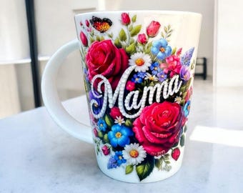 Floral Mama Mug, Gift for Mom, Ready to Ship, Handmade Rhinestone Mug, Personalized Name Mug, Flower Coffee Mug