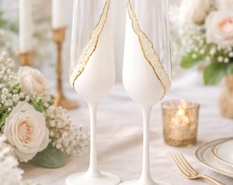 Handcrafted crystal champagne flutes, white and gold wedding flutes, set of 2