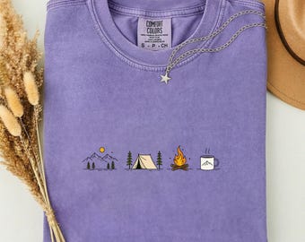Camping Graphic Tee, Minimalist Mountain Tent Shirt, Outdoor Adventure Gift for Nature Lovers